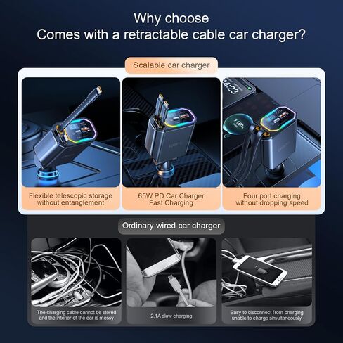 شاحن سيارة قابل للسحب ، 181W 4 في 1 (Dual PD 65W) لشاحن سيارة iPhone 16 ، شحن سريع ، RGB Light ، سلك قابل للسحب 2.9 قدم ، محول شاحن سيارة USB C لـ iPhone 16 15 14 13 12 ، Samsung in Kuwait