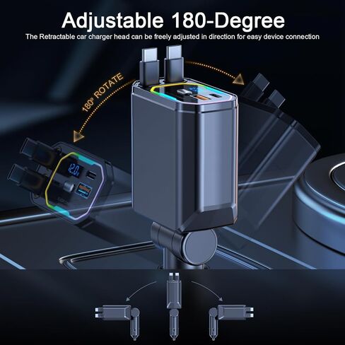 شاحن سيارة قابل للسحب ، 181W 4 في 1 (Dual PD 65W) لشاحن سيارة iPhone 16 ، شحن سريع ، RGB Light ، سلك قابل للسحب 2.9 قدم ، محول شاحن سيارة USB C لـ iPhone 16 15 14 13 12 ، Samsung in Kuwait