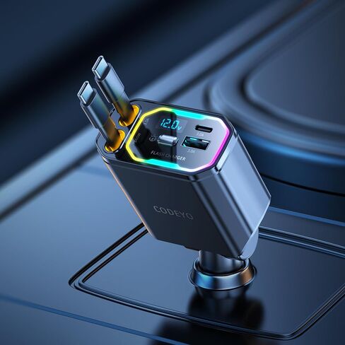 شاحن سيارة قابل للسحب ، 181W 4 في 1 (Dual PD 65W) لشاحن سيارة iPhone 16 ، شحن سريع ، RGB Light ، سلك قابل للسحب 2.9 قدم ، محول شاحن سيارة USB C لـ iPhone 16 15 14 13 12 ، Samsung in Kuwait