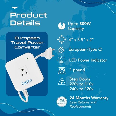Ceptics 300 Watt Step Down Voltage Converter – Converts 220V/240V to 110V/120V – Perfect for Hair Straighteners, Laptops, and Chargers – CE Certified Travel Converter in Saudi Arabia