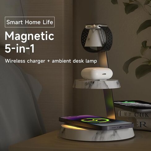 Magnetic Wireless Charger 3 in 1 Tower Standing Upright Double Layer Night Light High-Power Convenient Compatible with Cellphones/Wireless Earbuds/Apple Watch (Wood Grain Style) in Saudi Arabia