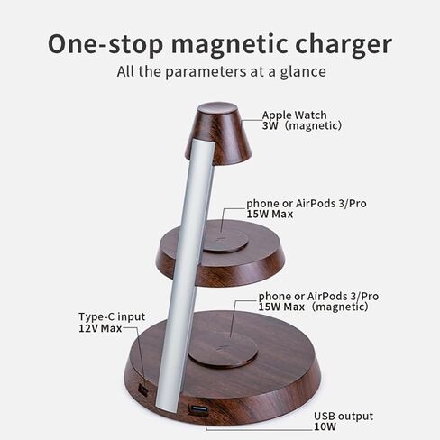 Magnetic Wireless Charger 3 in 1 Tower Standing Upright Double Layer Night Light High-Power Convenient Compatible with Cellphones/Wireless Earbuds/Apple Watch (Wood Grain Style) in Saudi Arabia