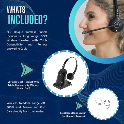 TruVoice AW80 Wireless Headset with Remote Answer Cord Compatible with Polycom VVX210 250 310 400 410 500 600 1500 IP320 321 330 331 335 430 450 550 560 650 670 - Connects to Desk Phone, PC and Cell in Saudi Arabia