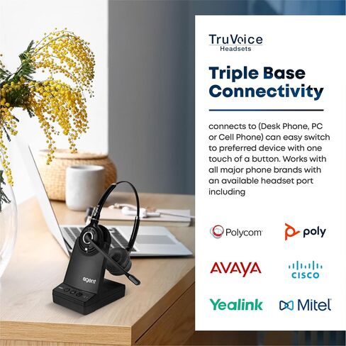 TruVoice AW80 Wireless Headset with Remote Answer Cord Compatible with Polycom VVX210 250 310 400 410 500 600 1500 IP320 321 330 331 335 430 450 550 560 650 670 - Connects to Desk Phone, PC and Cell in Saudi Arabia