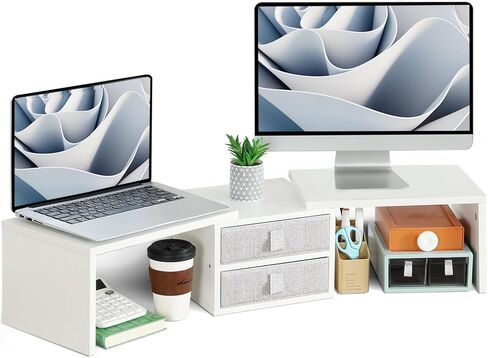TEAMIX Dual Monitor Stand Riser with 2 Drawers - Length and Angle Adjustable White Monitor Stand with Storage Large Computer Riser for 2 Monitors/Laptop/PC, Wood Screen/TV Stand Desk Organizer in Kuwait