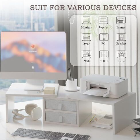 TEAMIX Dual Monitor Stand Riser with 2 Drawers - Length and Angle Adjustable White Monitor Stand with Storage Large Computer Riser for 2 Monitors/Laptop/PC, Wood Screen/TV Stand Desk Organizer in Kuwait