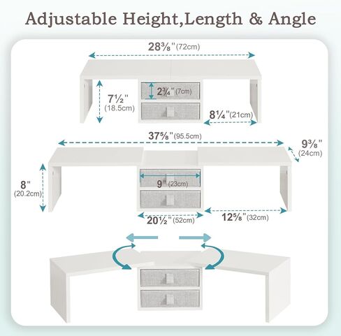 TEAMIX Dual Monitor Stand Riser with 2 Drawers - Length and Angle Adjustable White Monitor Stand with Storage Large Computer Riser for 2 Monitors/Laptop/PC, Wood Screen/TV Stand Desk Organizer in Kuwait