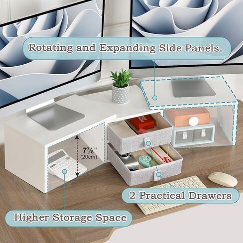 TEAMIX Dual Monitor Stand Riser with 2 Drawers - Length and Angle Adjustable White Monitor Stand with Storage Large Computer Riser for 2 Monitors/Laptop/PC, Wood Screen/TV Stand Desk Organizer in Kuwait