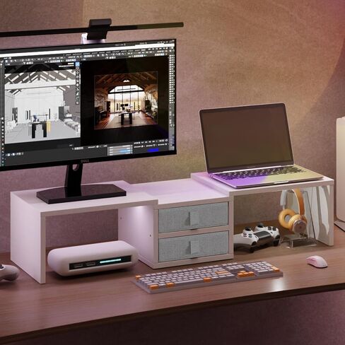 TEAMIX Dual Monitor Stand Riser with 2 Drawers - Length and Angle Adjustable White Monitor Stand with Storage Large Computer Riser for 2 Monitors/Laptop/PC, Wood Screen/TV Stand Desk Organizer in Kuwait
