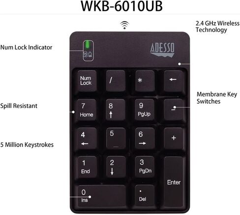 Adesso WKB-6010UB - Wireless Spill Resistant 18-Key Numeric Keypad, Black (Pack of 5) in Saudi Arabia