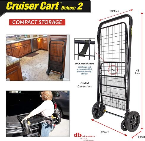 dbest products Stair Climber Cruiser Cart Shopping Grocery Rolling Folding Laundry Basket on Wheels Foldable Utility Trolley Compact Lightweight Collapsible, Black in Kuwait