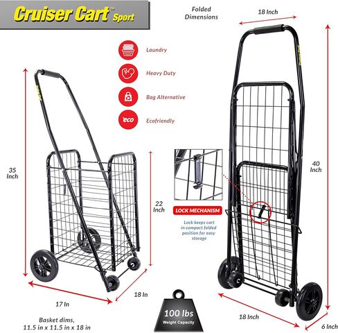 dbest products Stair Climber Cruiser Cart Shopping Grocery Rolling Folding Laundry Basket on Wheels Foldable Utility Trolley Compact Lightweight Collapsible, Black in Kuwait