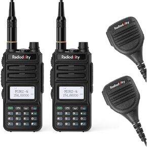 Radioddity MU-5 MURS Radio, License Free Two-Way Radio Rechargeable, Display Sync for Industrial Business Retail + 2 x RD-203 Waterproof Speaker Mic