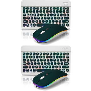 2 Pack Ultra-Slim Bluetooth Keyboard and Mouse Portable Rechargeable 7-Color Backlit for Apple iPad iPhone Samsung Tablet iPhone Smartphone iOS Android Windows Round Keys-Green Hill
