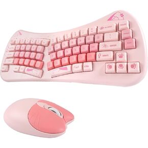 Wireless Ergonomic Keyboard and Mouse Combo - Cute Cat Design, Mini Size, Plug & Play USB Receiver, 1600 DPI Precision, Ideal for Home Office & Students (Milk Pink)