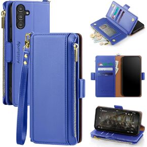 Antsturdy Compatible with Samsung Galaxy A13 5G Case Wallet with Card Holder Women Men Phone Case RFID Blocking PU Leather Flip Folio Shockproof Cover Wrist Strap Zipper Credit Card Slots,Black
