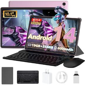 Android 14 Tablet 10.1 inch 19GB RAM + 256GB ROM 1TB Expand, 2 in 1 Tablet with Keyboard, 1280x800 IPS HD Touchscreen, Dual Camera, 6000mAh, Powerful Performance Tablets 2025, GMS, WiFi (Pink)