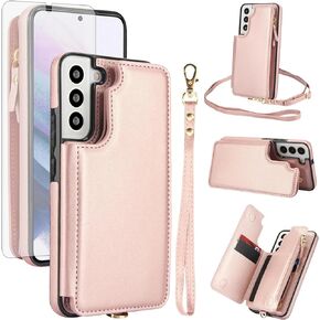 Asuwish Phone Case for Samsung Galaxy S22 5G Zipper Wallet Cover with Tempered Glass Screen Protector and Crossbody Wrist Strap RFID Blocking Card Holder Cell S 22 22S 4G G5 6.1 inch Women Girls Brown