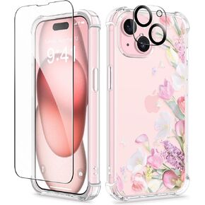 GVIEWIN for iPhone 15 Plus Case, [3 in 1] with Screen Protector & Camera Lens Protector, Clear Soft Shockproof Slim Fit Floral Phone Cover for Women Girls 2023 6.7" (Stunning/Pink)