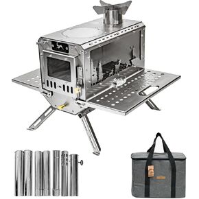 Hot Tent Stove,Wood Stove with 7 Chimney Pipes,304 Stainless Camping Tent Stove with Spark Damper, Wood Burning Stove for Cooking and Heating，with heat-resistant Glass Window