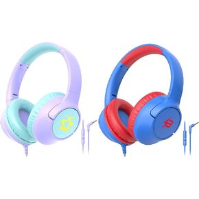 [Purple + Blue] Kids Headphones for School Travel, 85/94dB Volume Litmit, HD Mic Stereo Sound Over-Ear Toddler Girls Boys Headphones for Kid, Foldable 3.5mm Wired Kids Headphones for Tablet Computer