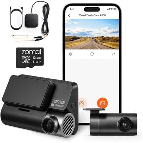 【A810 Dash Cam + 128GB Micro SD Card + UP05 Hardwire Kit】 70mai 4K Dash Cam with Starvis 2 IMX678 and LTE Support, Dual HDR Front and Rear Camera, Built in GPS&WiFi, Night Vision, Smart Parking Mode