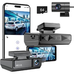 Dash Cam Front and Rear, 4K Dual Channel Dash Camera for Cars, Car Dashcam Dashboard Camera Recorder with 3.4" IPS Display, 24h Parking Mode, Loop Record, 170°Wide Angle WDR, G-Sensor, WiFi, 64GB