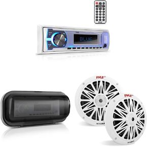 Pyle Marine Bluetooth Stereo Radio - 12v Single DIN Style Boat in dash Radio Receiver System & Water Resistant Marine Stereo Cover,White & 6.5 Inch Dual Marine Speakers - (White)