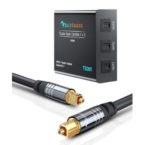 Bluerigger Toslink Audio Splitter 1x3 مع 3 حزمة Toslink Cable 3ft (محول الصوت الرقمي البصري النشط ، 1 من 3 Out ، SPDIF)- متوافق مع المسرح المنزلي ، شريط الصوت ، التلفزيون ، Xbox ، PlayStation PS5/PS4