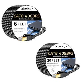 Cat 8 Ethernet Cable 6FT and 20FT, Nylon Braided High Speed Internet Network Cable with RJ45 Connector, 40Gbps 2000MHz Heavy Duty LAN Cable Indoor&Outdoor for Modem/Router/Gaming/PC