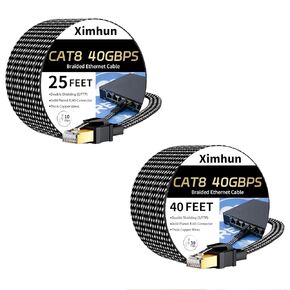 Cat 8 Ethernet Cable 25FT and 40FT, High-Speed Braided Internet Cable Network Cord with RJ45 Connector 40Gbps 2000Mhz Heavy Duty LAN Cable Shielded Indoor