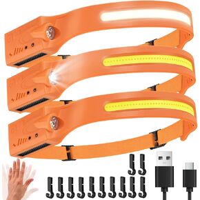 Headlamp 3PCS, 230° Wide Beam Head Lamp, Motion Sensor LED Headlamp Rechargeable, 6Mode Headlamps for Adults, Bright Head Lights for Forehead, Camping Essentials Gear (Orange)