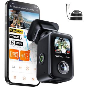【Bundle: Vantrue E360 5.2K 360° Panoramic Dash Cam + Hardwire Kit】 5GHz WiFi&GPS, Dual STARVIS 2, HDR,8 IR Night Vision, Voice Control, Touchscreen, 24/7 Buffered Parking Mode, Support 512GB Max