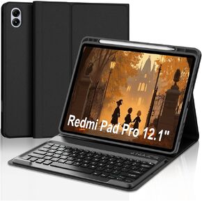 IVEOPPE for Redmi Pad Pro Keyboard with Case for Xiaomi Redmi Pad Pro 12.1 inch 2024/Xiaomi Poco Pad 12.1" PU Leather Cover Detachable Bluetooth Wireless Keyboard with Pencil Holder,Black
