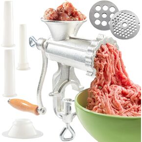 CucinaPro Cast Iron Table Mount Meat Grinder - Manual Mincer Includes Two 3/4" Cutting Disks and Sausage Stuffer Funnel, Heavy Duty- Make Homemade Ground Beef Burgers, Easy to Use and Cooking Tool