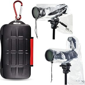 Memory Card Case + 2 Pack (with & Without Flash) Rain Cover: 12 Slots SD SDHC SDXC Card Holder + 2 Pack Clear Lens Raincoat (with & Without Flash)