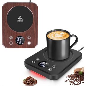 Pack of 2 Coffee Mug Warmer, Smart Electric Heated Coffee Cup Warmer for Desk Candle Warmer with Auto Shut Off, Timer, 10 Temperature Setting - Black+Wood