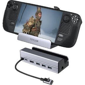 Deck Deck Steam Steam ، محطة إرساء Feylan 6-in-1 مع 4K HDMI@60Hz ، 1GBPS ETHERNET ، 100W USB-C شحن سريع ، 3 منافذ USB 3.0 ، متوافقة مع DECK OLED ، ROG Ally