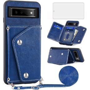 Asuwish Phone Case for Google Pixel 6 Wallet Cover with Tempered Glass Screen Protector and Credit Card Holder Crossbody Strap Stand Leather Cell Accessories Pixel6 Pixle Six Women Men Girls Blue