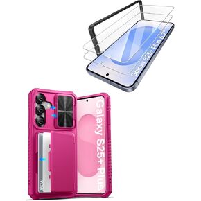 for Samsung Galaxy S25+ Plus Case with HD Tempered Glass Screen Protector [2 Pack], Build-in Card Holder, Slide Camera Cover, Case for Galaxy S25+ Plus 6.7", Hot Pink