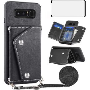 Asuwish Phone Case for Samsung Galaxy Note 8 Wallet Cover with Tempered Glass Screen Protector and Credit Card Holder Crossbody Strap Stand Leather Cell Accessories Note8 Not S8 Gaxaly Women Black
