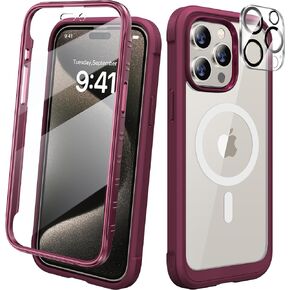 Diaclara Magnetic for iPhone 15 Pro Max Case [Compatible with MagSafe] Built-in Anti-Scratch Screen Protector & Camera Protector, Military Drop Proof 15 Pro Max Phone Cover 6.7 inch,Magnetic Burgundy