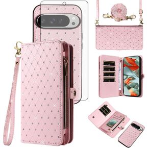 Asuwish Phone Case for Google Pixel 9 Pro XL Zipper Wallet Detachable Cell Cover with Tempered Glass Screen Protector Crossbody Strap Glitter Flip Card Holder Slot Pixel9 9Pro 9ProXL Nine Women Pink