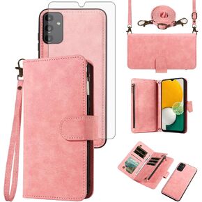 Asuwish Phone Case for Samsung Galaxy A13 5G Zipper Wallet Cell Cover with Screen Protector Crossbody Lanyard Strap Flip Card Holder Slot A04S M13 G5 A 13 2022 13A A135G SM A136U Women Rosegold