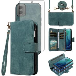 Asuwish Phone Case for Motorola Moto G 5G 2024 Zipper Wallet Detachable Magnetic Cover with Tempered Glass Screen Protector Crossbody Lanyard Strap Flip Card Holder Slot G5G 5 G G5 Women Girls Blue