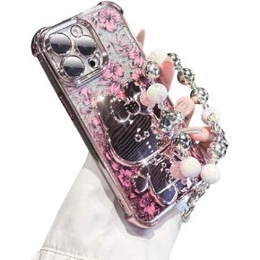 Cute flower phone cases for iPhone 16 Pro Max, rose flower pattern phone case with pearl wrist chain Bracket, removable glitter paper soft TPU shockproof protective cover 16promax cases for men women in Kuwait