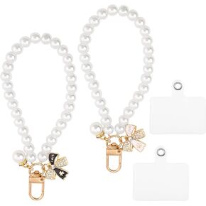 2pcs Pearl Phone Charms for Women, Bow Wrist Strap with Plastic Gasket Butterfly Beaded Wrist Lanyard Stylish Pearl Chain Keychain for Most Phone