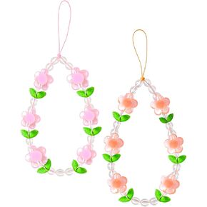 2 Pcs Flower Beaded Phone Charm Straps Crystal Beaded Phone Charms Cute Phone Charms Strap Beaded Phone Lanyards Flower Bracelet Wrist Strap Lanyards Keychain Bracelet Strap for Camera Key Purse