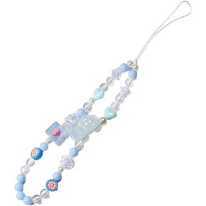 Beaded Kawaii Bear Phone Charm Lanyard Wristband Colorful Flower Charm Anti-Loss Chain Accessories Sweet Gift-C Blue