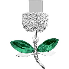 ELISE & FONDA TP540 Type-C Charging Port Crystal Anti Dust Plug Little Dragonfly Cell Phone Charm for iPhone 15/16/Samsung/OnePlus/Xiaomi/oppo Android Phones (Green)